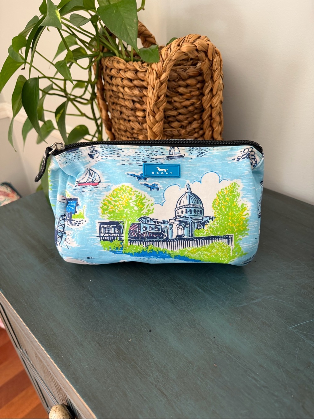 Scout Landmark Print Cosmetic Makeup Travel Bag Blue Green Zip Pouch